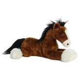 Plush toy of a brown horse with black mane, white hooves, and soft, huggable body.